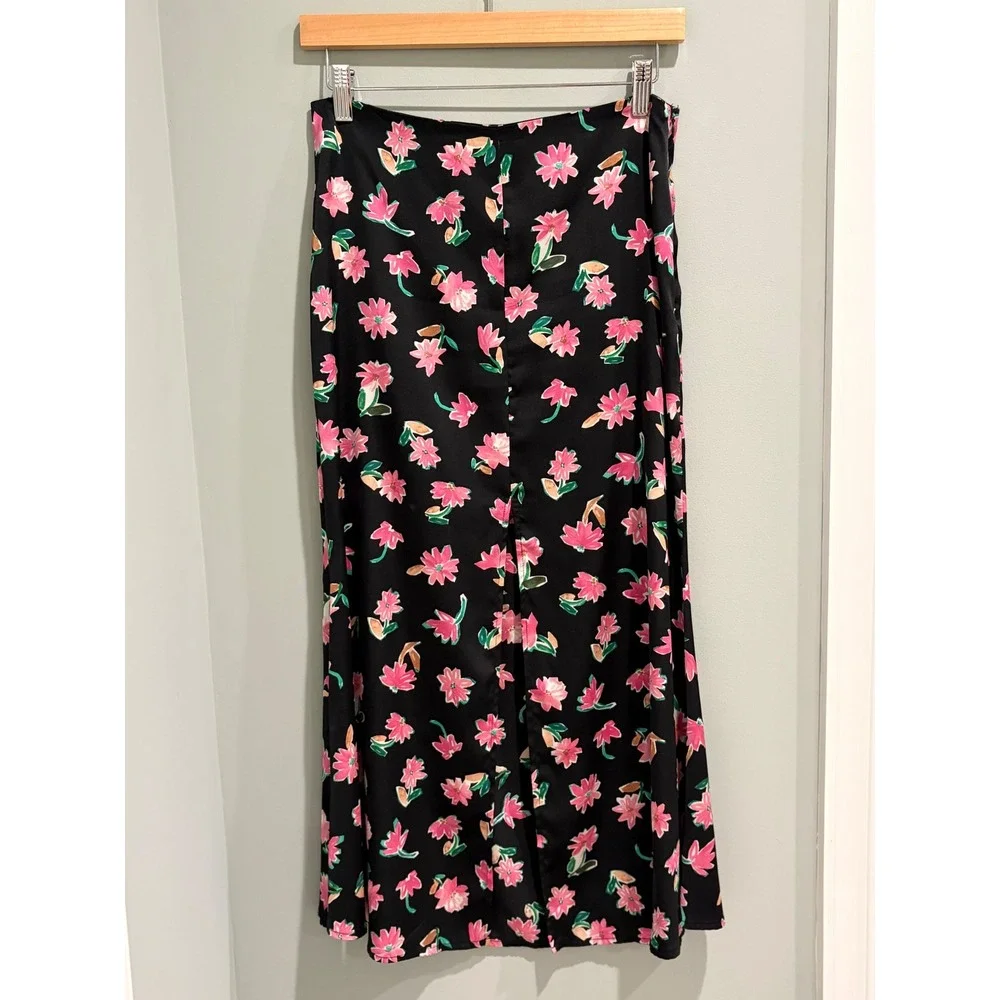 Zara Womens Floral Print Satin Midi Skirt Black Pink High Waist Slit Size Medium